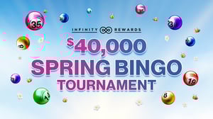 Promotion banner for $40,000 Spring Bingo Tournament with random bingo balls in the background.