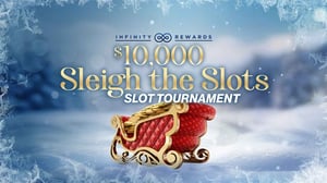 Image of Santa's Sleigh with text for $10k Sleigh the Slots Slot Tournament.