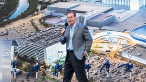 Photo of Owner Alex Meruelo Addressing Audience at GSR Arena Groundbreaking Ceremony on Tuesday, September 30, 2025.