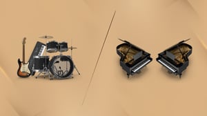 Image of instrument including guitar, piano, drums and pianos. Promotion for Dueling Pianos at the Crystal Lounge.