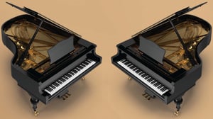 Image of two pianos reflected with each other.