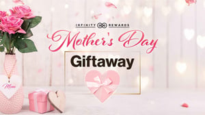 Gift scene with flowers and presents and floating light hearts and text, Mother's Day Giftaway.