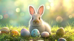 Image of easter bunny with eggs in the grass.