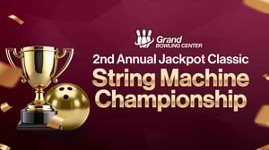 Promo ad for the 2nd Annual Jackpot Classic, String Machine Championship. Image of trophy and bowling ball next to the text logo.