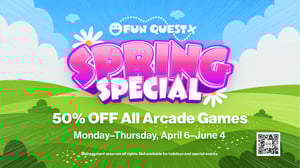 Fun spring scene of rolling hills with promotion text, Spring Special with 50% off all arcade games at the Fun Quest.
