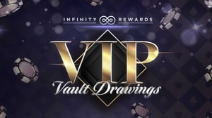 Promotional logo for the VIP Vault Drawing with floating gaming chips in the background.
