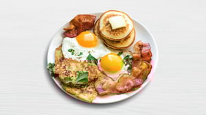 Plate full of brunch favorites including eggs, bacon, hashbrowns, sausage, and pancakes for the Sunday Brunch, Earn a Buffet promotion.