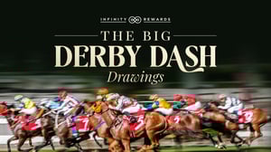 An image of horses racings at the race track with promotion text, The Big Derby Dash Drawings.
