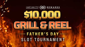 $10,000 Grill and Reel Father's Day Slot Tournament promotion with flame grill background.