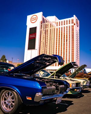 Photo of cars with hoods up in front of Grand Sierra Resort in Reno, Nevada during Street Heat 2026.